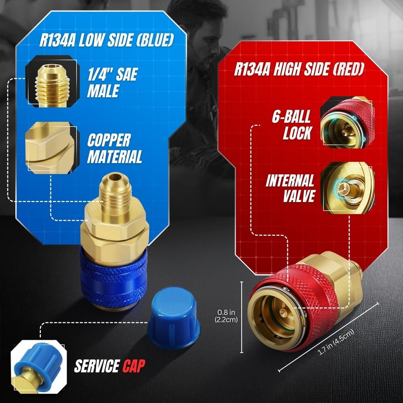 Flexzion R134A Adapter Quick Coupler Set - Straight Design Brass