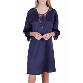 OSCAR ROSSA Women's Luxury Silk Sleepwear hand crafted ¾ sleeves 100% Mulberry Silk Nightgown Sleep Dress, Midnight Blue, XL