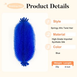 Blue Springy Afro Twist Hair 8 Inch 8 Packs Afro Spring Twist Hair Pre stretched Wrapping Hair for Soft Locs Pre Separated Marley Twist Braiding Hair Extensions