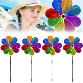 FuxFuis Pack of 4 Windmills Windmill Flower Garden Wind Turbines Decorative Windmill Children Flower Shape Rainbow Windmill Diameter 30 cm Windmill for Courtyards Gardens Balconies Patios Lawns