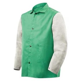 MOLLIFII Flame Resistant Jacket w/Leather Sleeves, Green/Gray, L, Mfr: 1230-L-A Category: Flame Resistant & Arc Flash Jackets & Coats