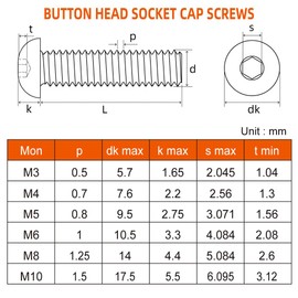 MewuDecor M3-0.5 x 4mm Button Head Socket Cap Screws, Alloy Steel Grade 10.9, Black Oxide, 100 PCS
