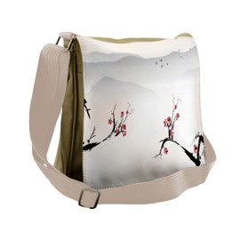 Ambesonne Nature Messenger Bag, Sakura Flower and Gulls, Unisex Cross-body