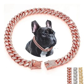 Rose Gold Chain Dog Collar For Large Dogs, Glitter Rhinestone Sparkly Diamond Metal Cuban Link Dog Necklace For Small Medium Large Pet Dogs Puppy, Pink 20 inch