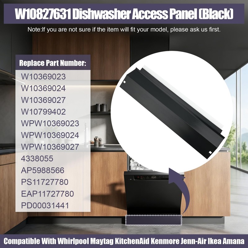 W10827631 Dishwasher Access Panel Compatible with Whirlpool OEM Upgraded (Black)