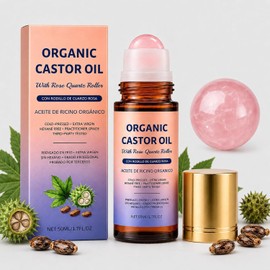 Organic Castor Oil Rose Quartz Roller Ball，Cold Pressed Oil1.7 Fl | 100% organic cold-pressed, hexane-free castor oil roll-on for hair, lashes, brows,