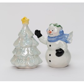 Fine Ceramic Snowman & Christmas Salt & Pepper Shakers Set, 4" H