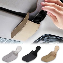 PALTIA Car Sunglasses Holder Vertical Glasses Storage PU Leather Sun Visor Mount Lens Wipe Included (Beige)