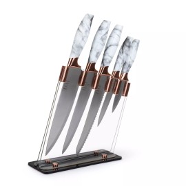 Elle Decor 5-Piece Professional Kitchen Knife Set Marble Handles & Rose Gold Acc