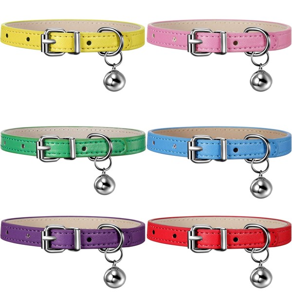Weewooday 6 Pieces Leather Cat Collar with Bell Leather Kitten Collar Cat Collar for Boy Cats, Girl Cats with Safety Elastic Strap Cute Pet Collars for Small Cat Kitten Puppy