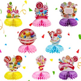 Candy Party Honeycomb Centerpieces, 8 PCS Candy Themed Birthday Party Decorations Double-sided Printing Lollipop Table Topper Signs Sweet Candy Table Centerpieces for Kids Girls Boys Party Decor
