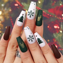 Olbye Long Press Enhanced Nails - Designs Elk False Snowflake Acrylic Matte Holiday Ballerina Xmas Glue on Artificial Full Cover False Nails 24PCs (Xmas-Matte Christmas Tree)