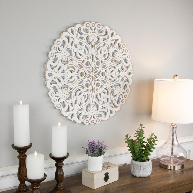Northlight 24" Brushed Antique White Damask Round Wall Panel