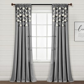 Lush Decor Boho Pom Pom Tassel Linen Window Curtain Panel (Single Panel), 95" L x 52" W, Dark Gray