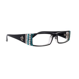 The French, Fleur De Lis, Rectangular Bling Women Reading Glasses Adorned w (Clear +Turquoise) European Crystals +1 +1.50 +1.75 +2 +2.25 +2.50 +2.75 +3 Black. NY Fifth Avenue. (+3.50)