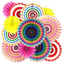 YBwanli Pack of 12 paper fans, decorative garden party, carnival decoration, Mexico decoration, christening confirmation decoration, garden party, pompoms decoration, paper rosettes pastel, pompom
