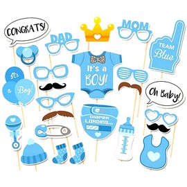 Jagowa 25 Pcs Baby Shower Photo Booth Props Birthday Party Decoration Set for Unisex Newborn Baby Boy Girl Diy Photobooth Props (Boy)