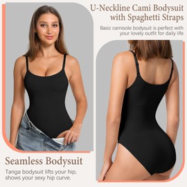 ONEW Shapewear Bodysuit Women Seamless Round Neck Camisole Top Tummy Control Full Body Shaper Waist Trainer Cami Vest with Spaghetti Straps Black M