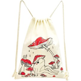 MOSITU Red Mushroom Drawstring Backpack Cute Frog Drawstring Bag Vintage Aesthetics Cotton Canvas Backpack for Women Gift Sport Gym String Bag Beach Sack Bag Travel Sackpack