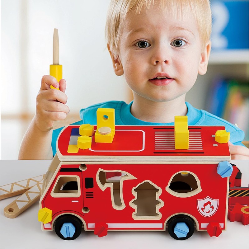 LOVELAND Wooden Fire Truck Toy – Take-Apart STEM Vehicle with