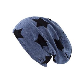 shenky XXL Long Beanie Large Heads Lightweight Summer Hat Extra Long Hood for Men and Women Unisex Thin Long Slouch Beanie, Blue Distressed Star