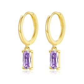 Sterling Silver Hoop Earrings for Women, Small Gold Drop Hoop Earrings with Baguette Dangle | Hypoallergenic Amethyst Cubic Zirconia Huggie Cartilage Earring Jewellery Girls Gifts