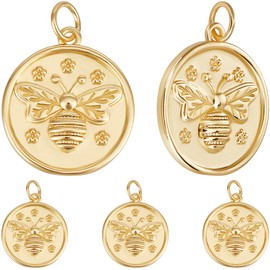 Beebeecraft 1 Box 10Pcs Gold Bee Charms 18K Gold Plated Honeybee Round Flat Charm for Jewelry Making Earring Necklace DIY Crafts
