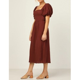 R.Vivimos Summer Dress for Women Cotton Puff Sleeves Casual Off-Shoulder Boho Side Slit Midi Dress (Large, RustRed)