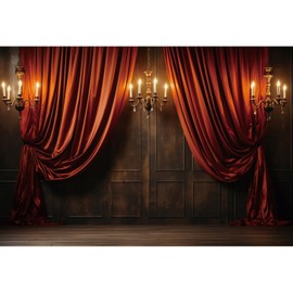 YongFoto Theater Stage Curtain Backdrop 10x8ft Royal Red Curtain Chandelier Candles Vintage Wall Floor Photography Background Birthday Wedding Prom Party Banner Portraits Photoshoot Wallpaper