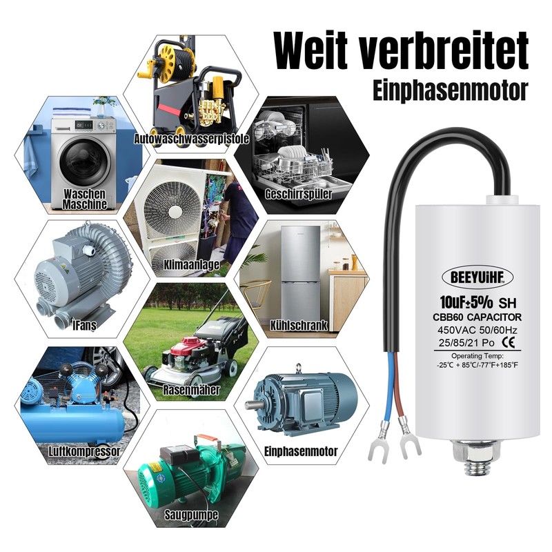 BEEYUIHF CBB60 Motor Capacitor 10µF 450V Capacitor 50/60Hz Starting Capacitor