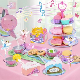 Tea Party Set for Toddles 3-5,53PCS Musical Kids Tea Set for Little Girls with Dessert,Cookies,Doughnut,Cake,Cake Stand,Tablecloth & Carrying Case,Kitchen Pretend Play Toys for Girls Boys Age 3-6