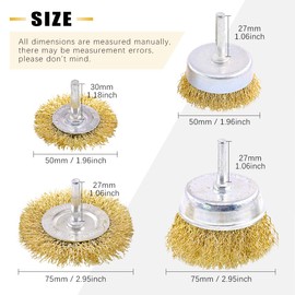 Rustark 9 Packs Wire Drill Brush Sets 9 Size Brass Coated Wire Wheel and Cup Brush Set with 1/4 Inch Round Shank for Rust Paint Corrosion Removal Polishing