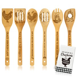 6 Pcs Funny Chicken Engrave Bamboo Spoons with Kitchen Towels Set, Valentine Rooster Kitchen Decor for Women Newlyweds, Housewarming Gifts for New Home, Valentine Mother's Day Gifts