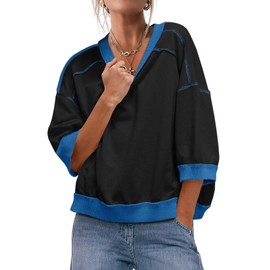 Fisoew Womens Crew Neck Sweatshirt Casual 3/4 Sleeve Contrast Color Loose Fit Pullover Tops Black