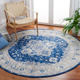 SAFAVIEH Brentwood Collection Area Rug - 6'7" Round, Navy & Grey, Medallion Distressed Design, Non-Shedding & Easy Care, Ideal for High Traffic Areas in Living Room, Bedroom (BNT851N)