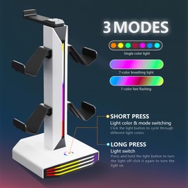 Meiboshin RGB Headphone Stand for Desk - Controller Stand & Gaming Headset Holder with USB & Type-C Ports, Rotatable Earphone Stand & Detachable Controller Holder for Gaming Accessories Storage(White)