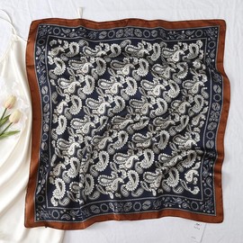 MINIDORA Satin Scarves for Women 27.5 × 27.5 inches Medium Square Elegant Silk Feeling Head Scarf, B007-cashew Navy Blue, One Size