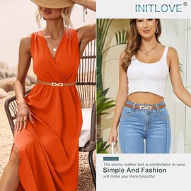Initlove Women Skinny Leather Belt Thin Waist Belt for Dresses with Gold Buckle, Red, Fat Waist 34"-45"