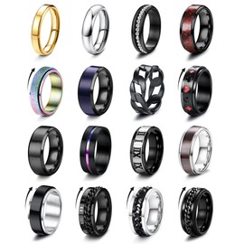 FIOROYAL 16Pcs Mens Rings Stainless Steel Fidget Rings for Men Women Anxiety Rings Celtic Rings Black Cool Chain Band Spinner Rings Set Wedding Promise Ring Men's Rings Q
