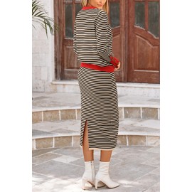 PRETTYGARDEN 2 Piece Skirts Sets For Women Fall Fashion 2025 Striped Sweater Dress Knit Lounge Travel Outfits Winter Clothing (Beige Stripe,Small)