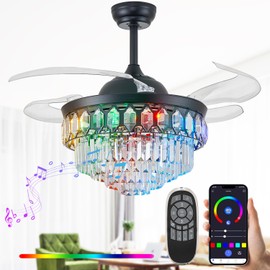 Zynfandor 36" RGB Ceiling Fan with Light and Music Player,Bluetooth Retractable Blades Crystal Fandelier Speaker LED Chandelier 6-Speed APP Control Quiet Motor Remote Control for Bedroom Black