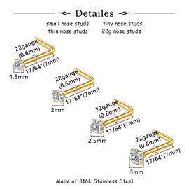 MODRSA Gold Nose Studs 22g Nose Stud 22 Gauge Nose Stud L Shape Thin Small Tiny Nose Studs Diamond