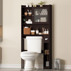 Vabches Over The Toilet Storage Cabinet with Glass Door, Above Toilet Storage Cabinet, Over Toilet Bathroom Organizer Space Saver, Behind Toilet Rack Shelf Cabinet, for Bathroom Laundry, Coffee Color