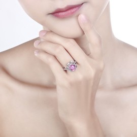 Merthus 8x8mm Round Simulated Pink Topaz 925 Sterling Silver Blossom Flower Lotus Ring for Women Size 9