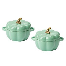 Pumpkin Bowl Set with Lid and Handle, Set of 2 Ceramic Ramekins for Baking, Casserole Dish Individual Severing Pot, Stoneware, Oven Safe, 14 Oz (Green)