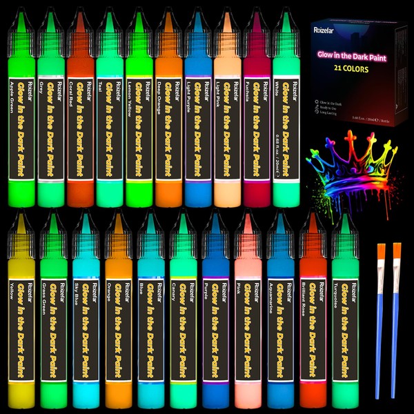 Roizefar Glow-in-the-Dark Colours, 21 x 20 ml, 3D Waterproof Textile
