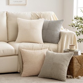 MIULEE Neutral Decorative Throw Pillow Covers 18x18 Inch Set of 4 for Livingroom Couch Sofa Modern Farmhouse Soft Corduroy Cushion Cases Striped Patchwork Home Decor (Cream,Grey)