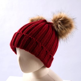 SERENYOU Winter Hat for Women Knit Warm Beanie with 2 Pom Snow Outdoor Cap Faux Fur Pompom Ears Red Wine
