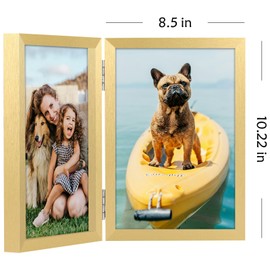 THCASITO 8x10 Double Picture Frame Vertical Wooden Hinged Photo Frame 2 Opening Folding Collage with Definition Glass, Gold