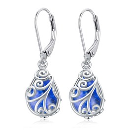 SHUSUKUE Lapis Lazuli Drop Dangle Earrings 925 Sterling Silver Swirl Teardrop Leverback Earrings Navy Blue Crystal Dangle Earrings Vintage Boho Birthday Jewelry Gifts for Women